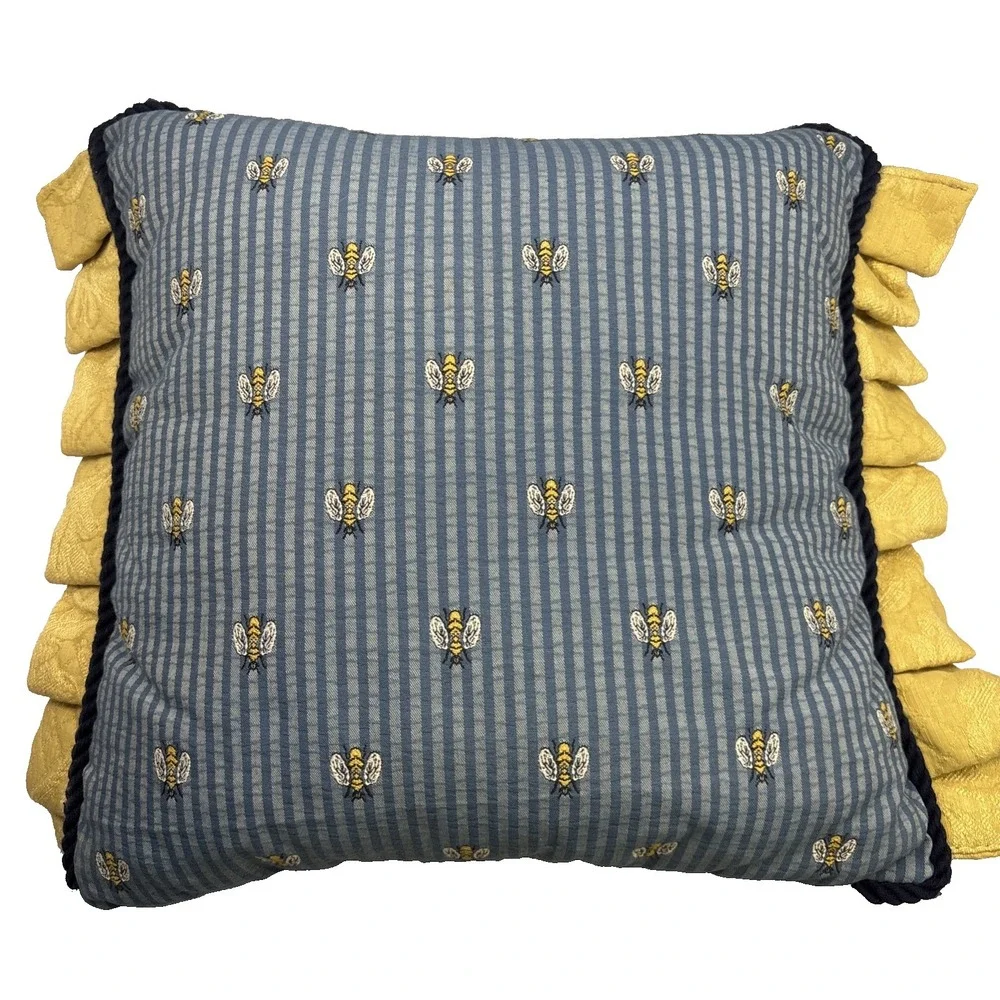 Two Vtg Blue Stripe‎ Yellow Ruffle Embroidered Bee Pillows 22x16